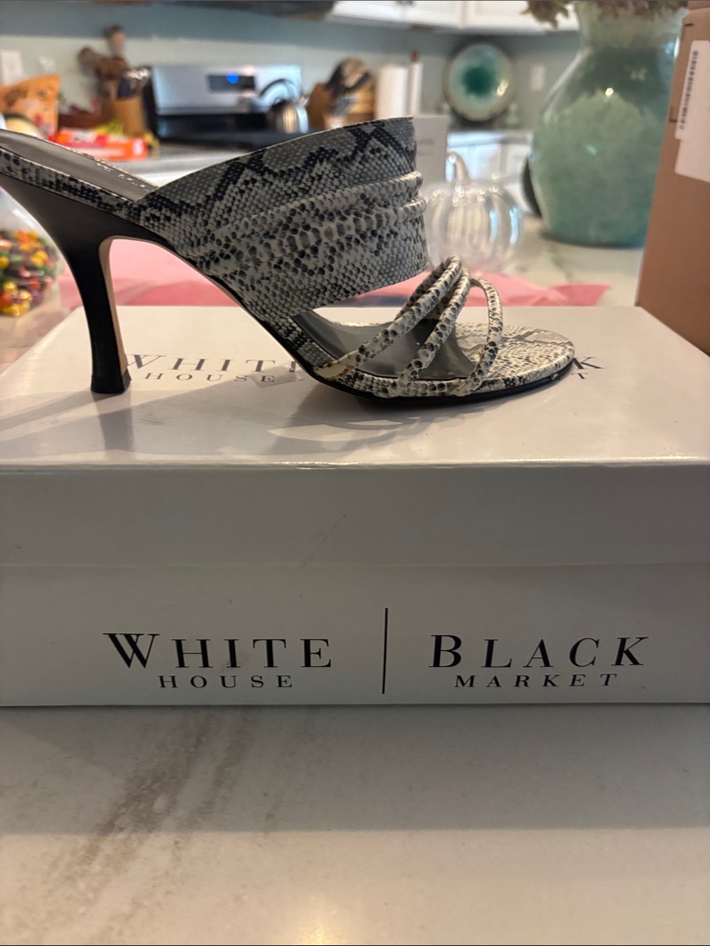 White House Black Market Snake-Print Strappy Mule Heels in Grey and Black